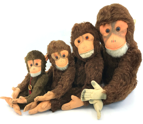Hermann Jocko Chimp x 4 Mohair Plush 1960s one ID Tag 20cm to 43cm 8in to 17in - Picture 7 of 12