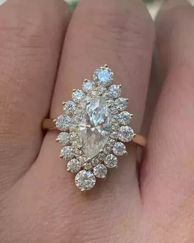 2.5Ct Marquise VVS1 Moissanite 14k Yellow Gold Plated 925 Halo Engagement Ring - Picture 2 of 4