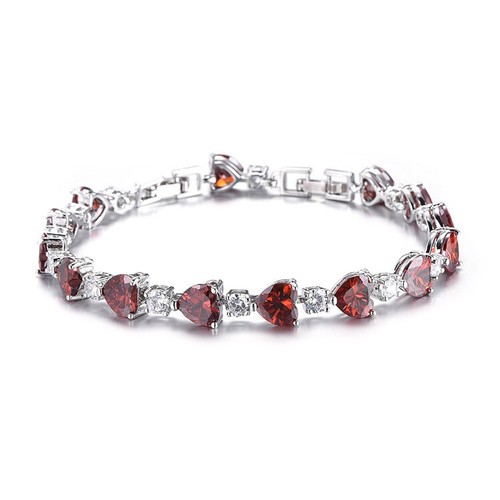 Hotsale Women Love Heart Fire Red Garnet Gems Silver Charming Bracelet 7.65 inch - Picture 4 of 6