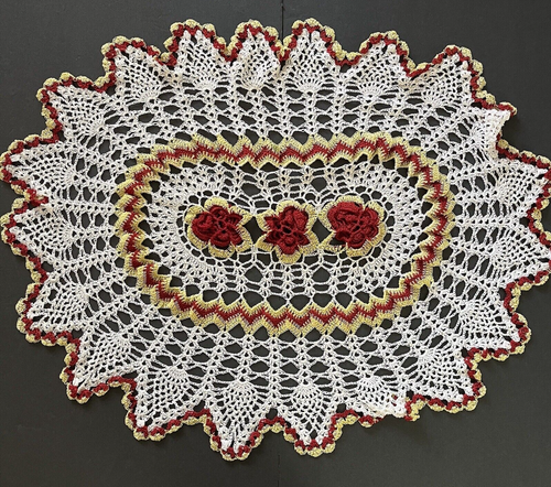 Oval Häkeldeckchen Läufer erhaben Blumen Herzstück Landhaus rot gelb Vintage - Bild 11 von 12