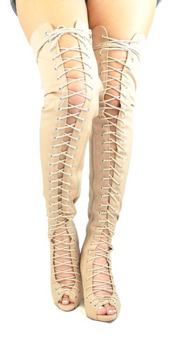 Botas peep-toe con cordones por encima de la rodilla para mujer - Botas gladiador hasta el muslo - Imagen 15 de 16