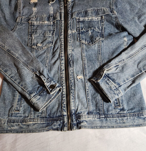Forever 21 Jacket Mens XS Blue Denim Jeans Distressed Full Zip Long Sleeve - Picture 3 of 15