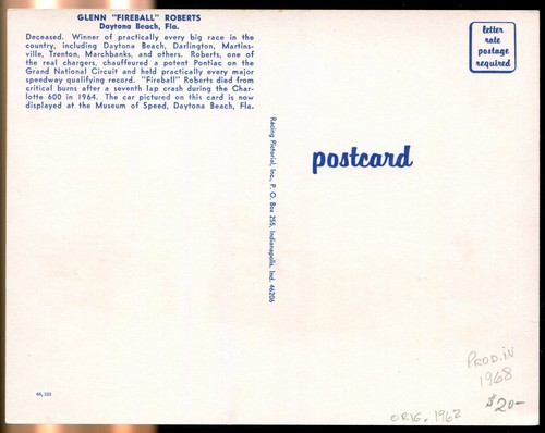 1968 NASCAR Racing Pictorial Postcard Featuring Driver Fireball Roberts - Bild 2 von 2