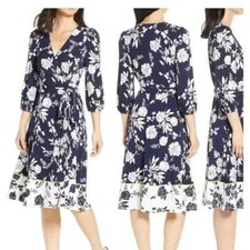 Eliza J. Women's Size 4 Blue White 3/4 Sleeves Floral Faux Wrap Dress Career, NW