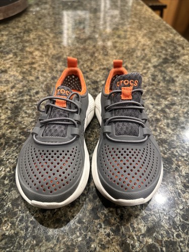 CROCS Boys Kids' LiteRide Pacer Sneakers GRAY White & Orange 206011 US Size: C10 - Picture 2 of 7