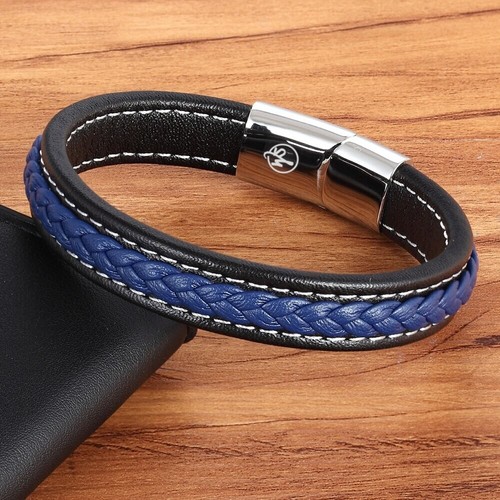 ✓ WSESTO Armband Schwarz Blau Echtes Leder Edelstahl Magnet Männer Herren - Bild 4 von 15