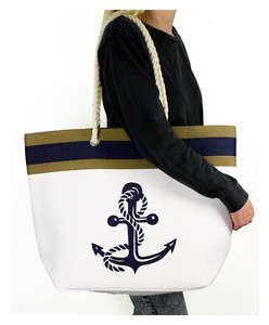 Solid-Canvas-Tote-Shoulder-Bag-Rope-Anchor-Nautical-Beach-Navy-Blue-White