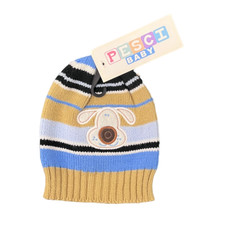 Baby Boys Blue Beige Stripe Dog Patch Design Winter Beanie Hat Age 3-6 Months