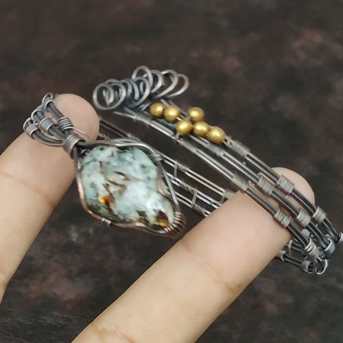Copper Natural Astrophyllite Handcrafted Birthday New Wire Wrapped Bangle Cuff - Video 1 of 1