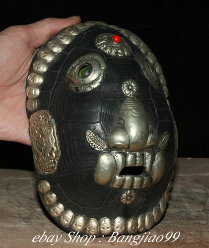 Tibetan Old Silver Wood Wealth Year Fish Flower Evil Beast Skull Head Mask - Picture 4 of 7