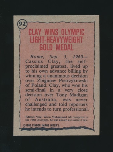 1983 Topps GREATEST OLYMPIANS (RARE-Black Rings Logo) -#92 CASSIUS CLAY (ALI) - Picture 2 of 2