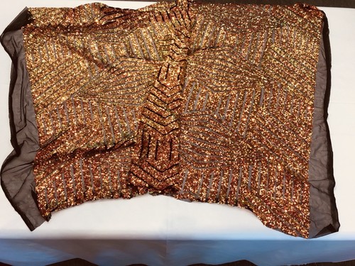 ORANGE GEOMETRIC IRIDESCENT SEQUINS ON A 2 WAY STRETCH BLACK MESH-BY YARD. - Picture 8 of 9