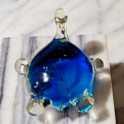 TURTLE ART GLASS Clear Blue Sea Ocean Tortoise Hand Blown Paperweight w Bubbles - Picture 13 of 20