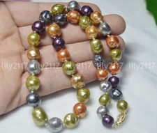 REAL NATURAL 10-12MM SOUTH SEA GENUINE COLOURFUL BAROQUE PEARL NECKLACE 14K 18''
