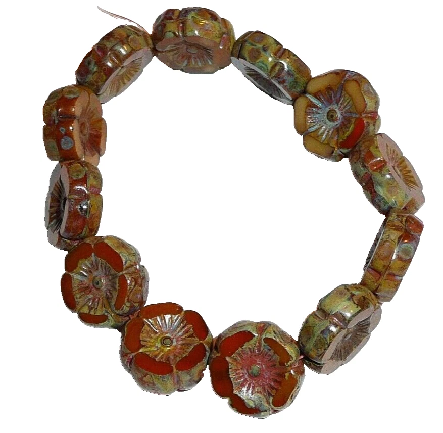 Cuentas de vidrio checo flor de hibisco de 12 mm aleación naranja con acabado Picasso lavado coral Foto 3 de 4