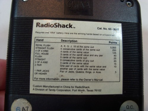 Radio Shack Electronic Handheld Draw Poker 60-2653 - Tested / Working - Picture 3 of 3