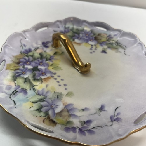 Antique Porcelain Dresser Vanity Tray Hand Painted Flowers Gold Plated Handle 7” - Picture 4 of 7