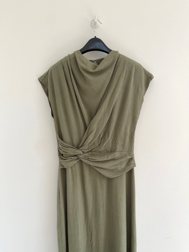ASOS Maxi Dress Linen Blend Khaki Green Cowl Wrap Neck UK 14 - Picture 2 of 8