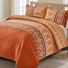 3 Pieces Quilt Set Queen Size, Burnt Orange/Rust Halloween Quilt Bedspread Bohem