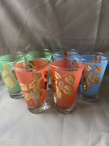 Bartlett Collins Vtg MCM Frosted Glass Tumblers W/ Gold Leaf Set Of 6