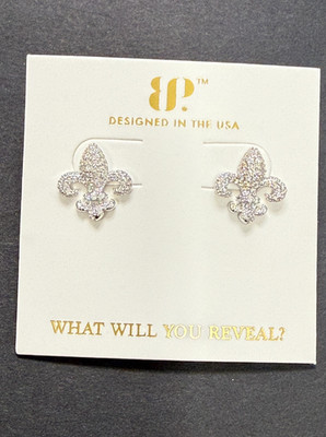 Bomb Party Sterling Club Fleur De Lis Stud Earrings .925 Sterling Silver CZ NWT