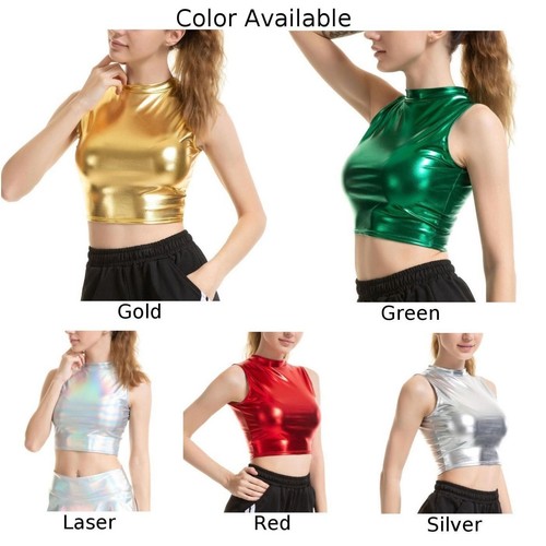 Women Tank Top Vest Tank Tops Wet Look Clubwear Crop Top Fashion Mock Neck New - Picture 4 of 24