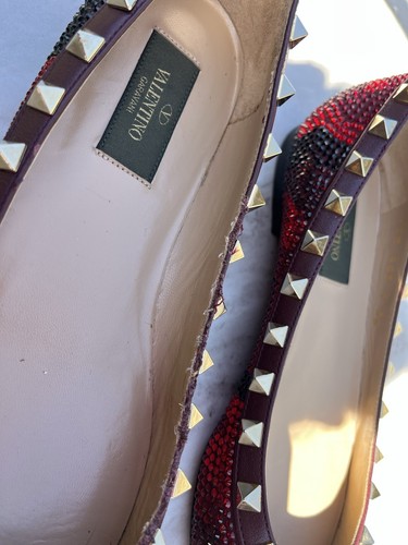 Valentino Red Black Leather Swarovski Crystal Rockstud Camo Shoes Flats 36 6 - Picture 6 of 13