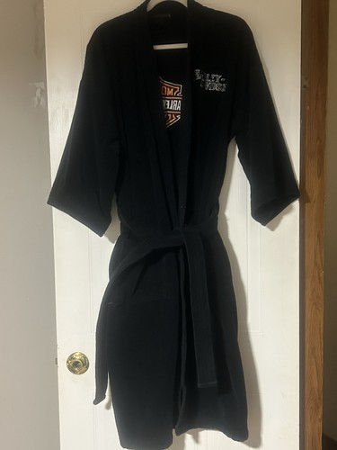 Harley Davidson Embroidered Logo Bath Robe Belted Cotton Mens One Size Black - Picture 3 of 14