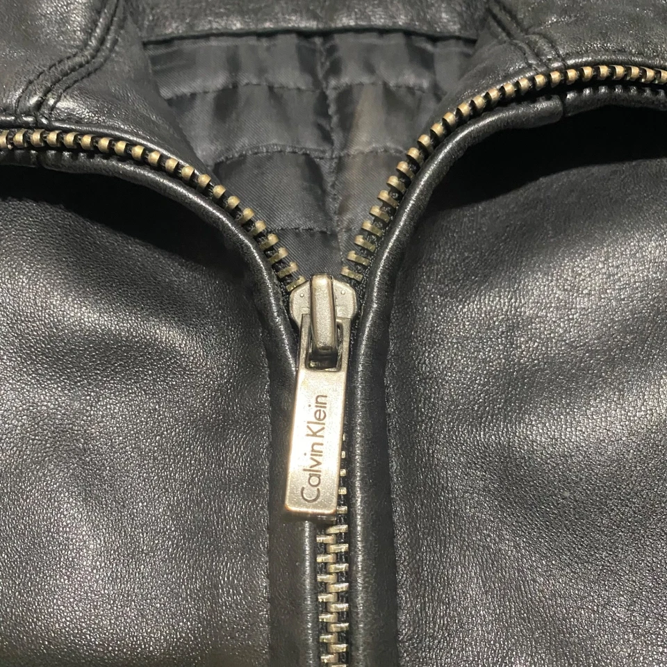 Calvin Klein Mens Large Jacket Black Leather Full Zip Lined Outdoor Motorcycle - Image 4 of 4