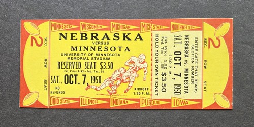 Nebraska Cornhuskers vs Minnesota Golden Gophers 1950 unbenutztes Football Ticket
