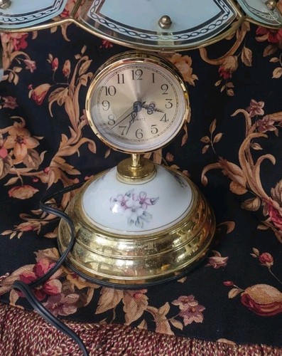 Touch Table Lamp Floral Glass Gold Tone VINTAGE With Clock 18" Large - Picture 3 of 14