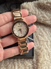 Image of Bulova Boxed Women's Diamond Bracelet Strap Watch, Rose Gold 97P132 gift for her