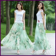 Summer Women Floral Printed Chiffon Maxi Skirt Pleated Bohemia Loose Beach