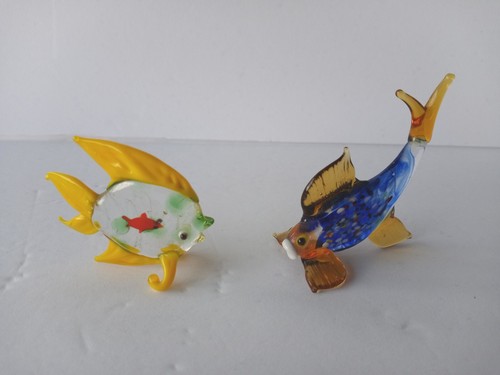 2er Set KLEINES KUNSTGLAS blau und gelb Fisch Glas Fisch Figuren Kunstglas LESEN