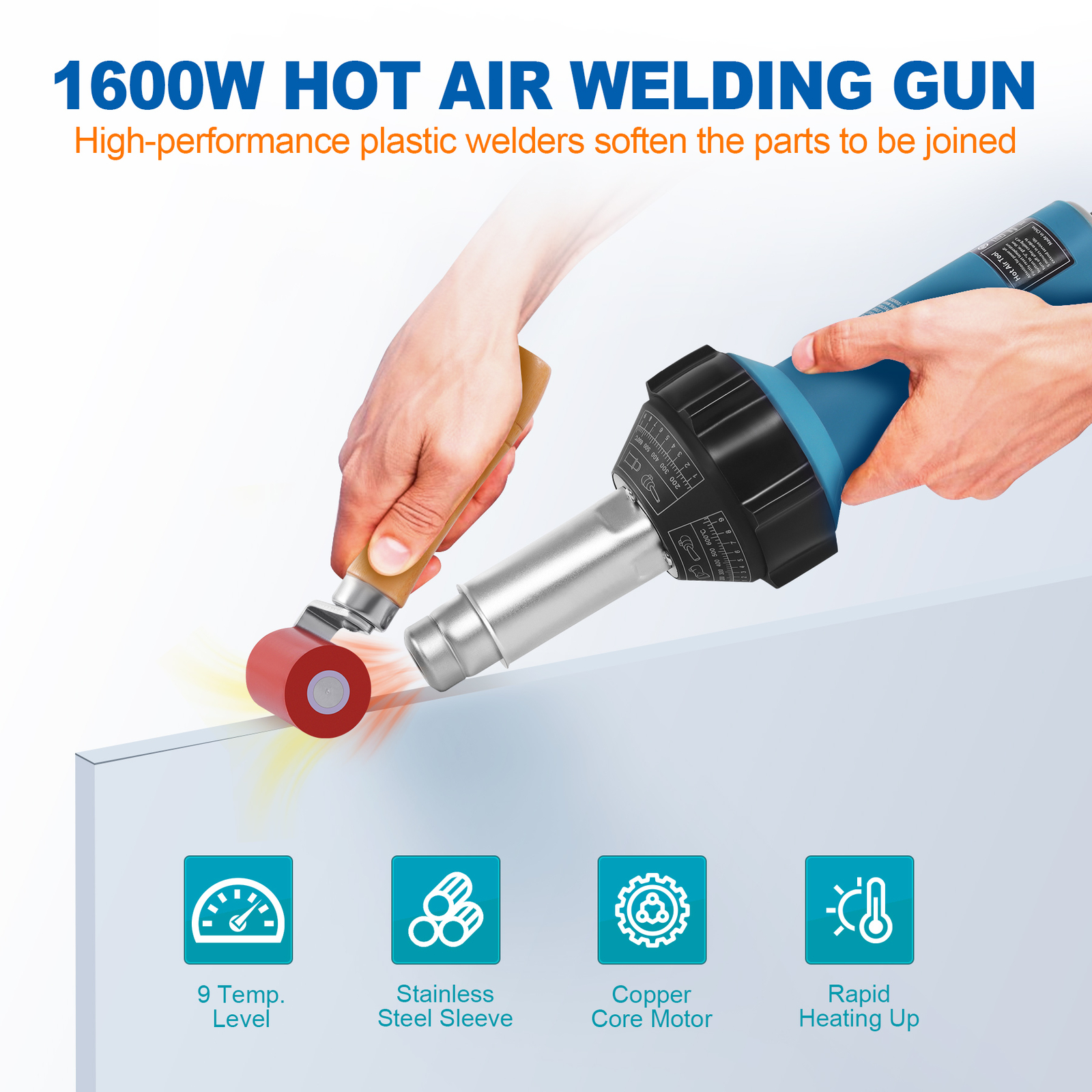 1600W Hot Air Plastic Welding Gun Kit with Toolbox, PVC Heating Torch Gun Welder