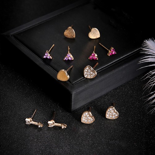 Set of 6 Pair Women Crystal Rhinestone Love heart Ear Stud Earrings Jewelry Gift - Picture 3 of 6