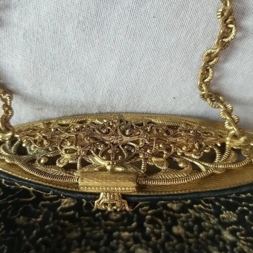 Vintage Filigree Bag Purse black gold top chain filigree snap top clasp lined - Picture 10 of 17