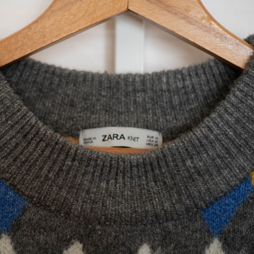 Zara Knit Sweater Womens Medium Sequin Argyle Gray Yellow Diamond Dolman Sleeve - Picture 4 of 9