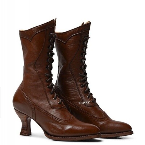 NEW Victorian Gothic Womens Mid-Calf Boots Steampunk Kitten Heel Lace Up Shoes - Picture 8 of 28