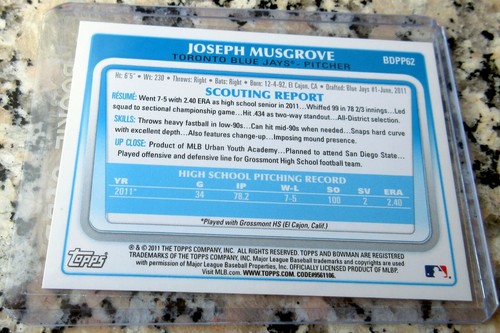 JOE MUSGROVE 2011 Bowman BLACK #1 Draft Pick Rookie Card RC No Hitter 8-0 HOT $$ - Picture 2 of 2