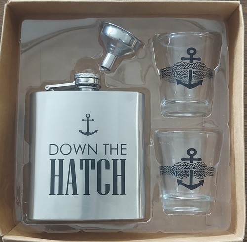 Nautical Down The Hatch Flask Gift Set With Two Shot Glasses - Picture 1 of 5