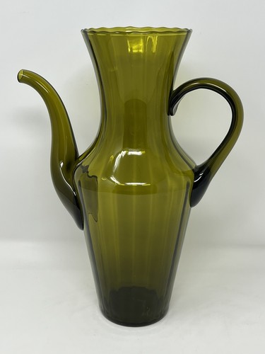 VINTAGE Mid-Century Italian EMPOLI Glass Pitcher - Olive Green Optic - 12" - Picture 3 of 11