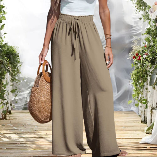 Womens High Waist Palazzo Pants Wide Leg Long Casual Loose Trouser Holiday Beach - Picture 4 of 12