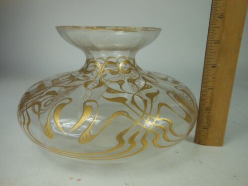 Antike Jugendstil gedrungene vergoldete Vase 5 1/2" x 9" breit klar mit Gold Europa - Bild 2 von 12