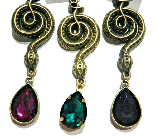 BRONZE COILED SNAKE PENDANT EARRINGS serpent & stone goth mystic occult 6W - Picture 6 of 6