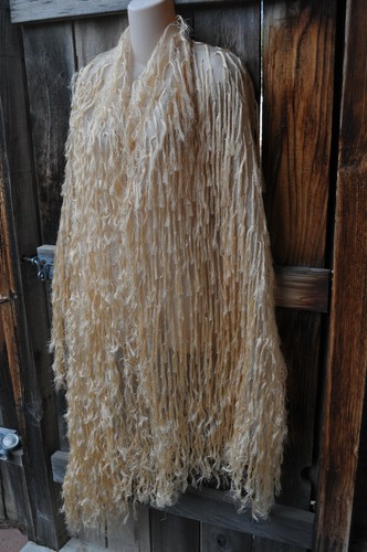 ART TO WEAR HAND TIED SHIMMERING SILK SHAGGY CHIC LONG SCARF/SHAWL IN GOLD,OS! - Picture 3 of 5