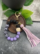 8" Handmade Acrylic Wood Bead Leather Tassel Keychain Gold-Tone New A3222