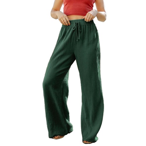 Womens Casual Lightweight Drawstring Elastic Waist Loose Wide Leg Linen Pants - Picture 6 of 45