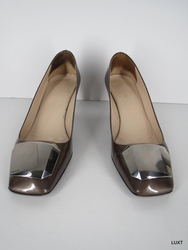 Prada Pumps Heels Size 9.5 39.5 Taupe Brown Patent Leather Silver Buckle Cone - Picture 12 of 12