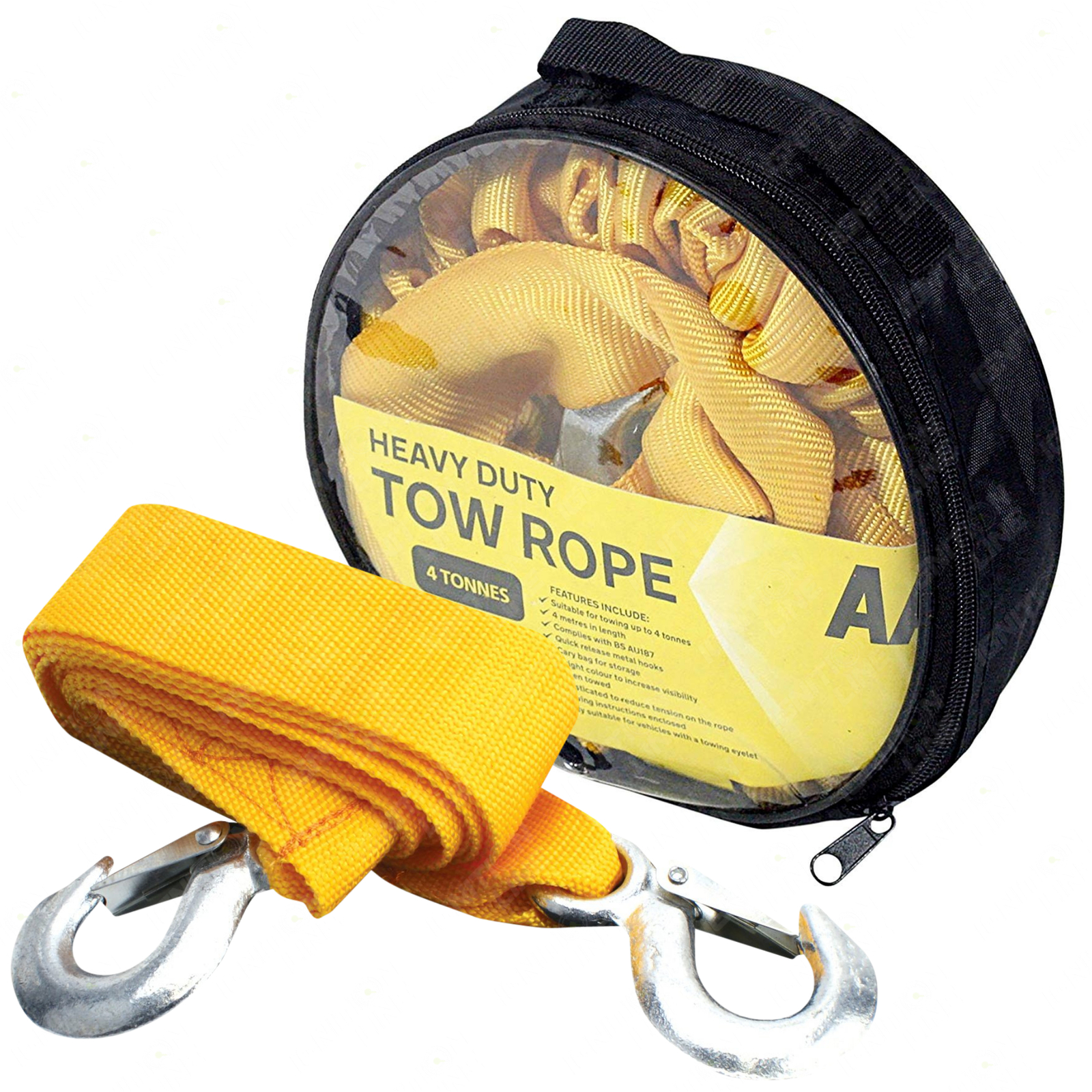 AA Heavy Duty Tow Rope 4M 4T Tonne Metal Hooks Strong Rope Car Van Strap  Yellow